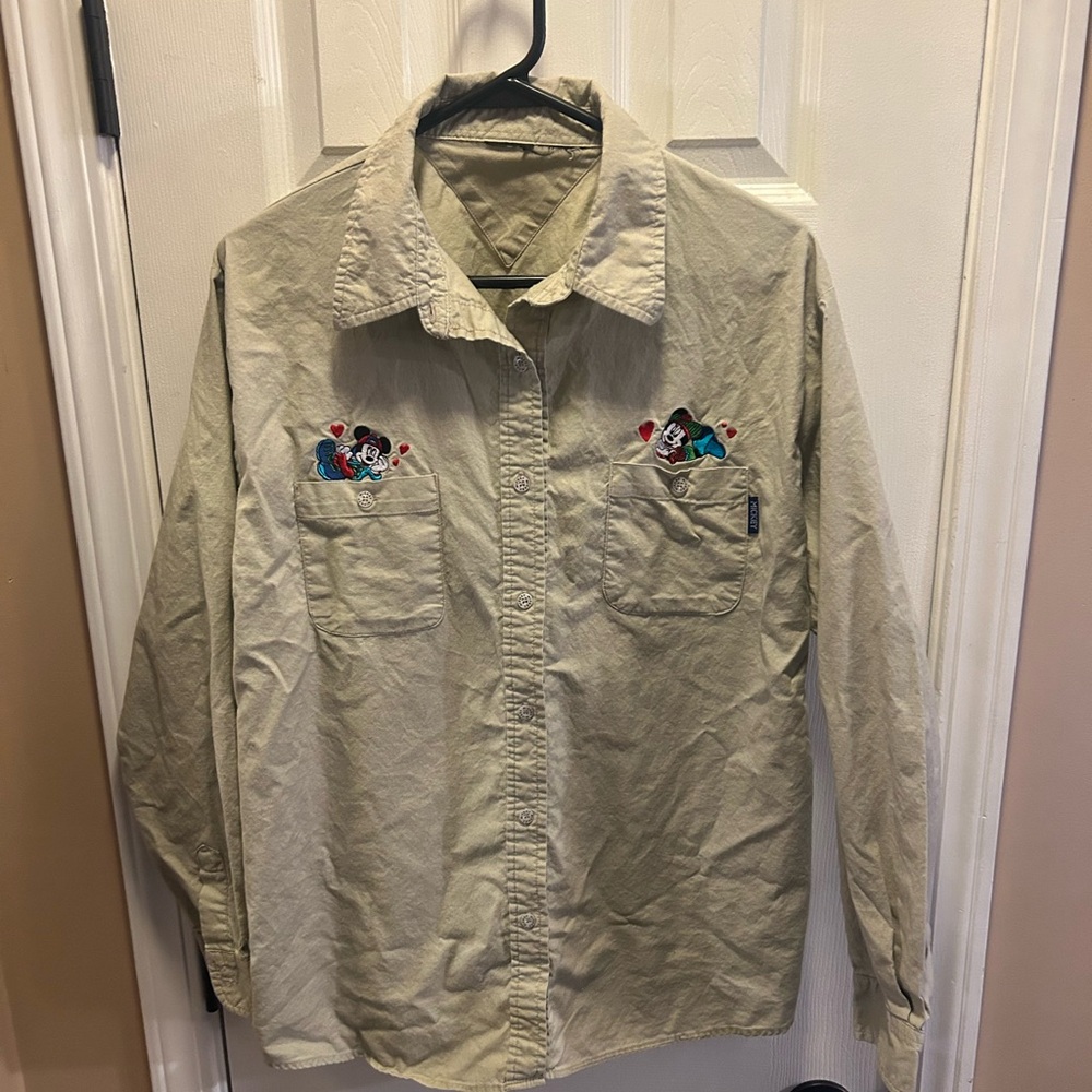 Beige Button-Up Shirt with Embroidered Mickey Design